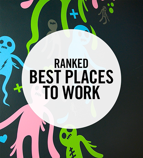 A colorful graphic with a dark background featuring cartoonish ghost-like figures in green, pink, and blue, and a central white circle with bold black text reading 'RANKED BEST PLACES TO WORK'.